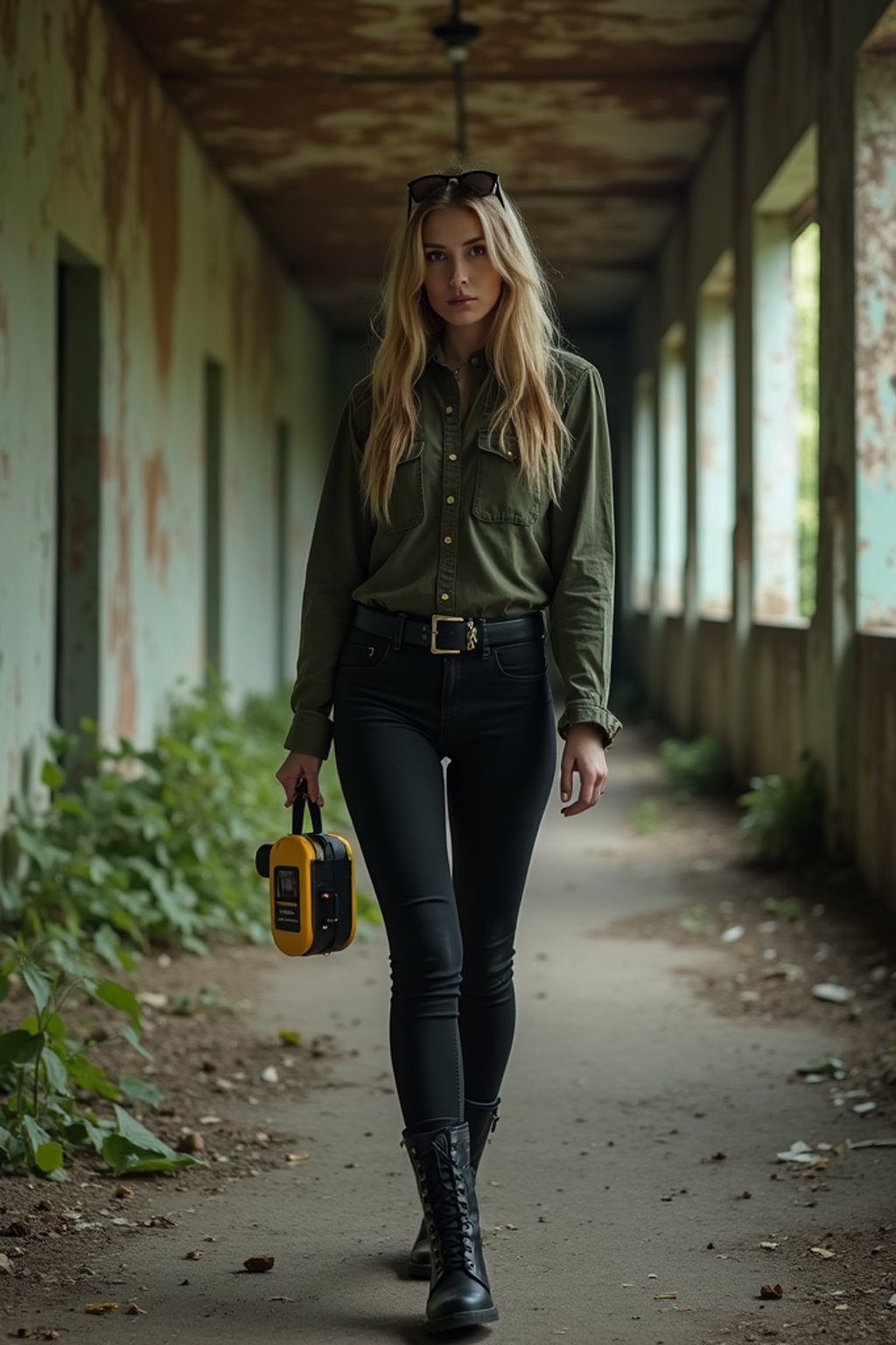 woman holding a handheld small yellow geiger counter in desolate abandoned rusty building with overgrown nature. wearing black boots and black pants.