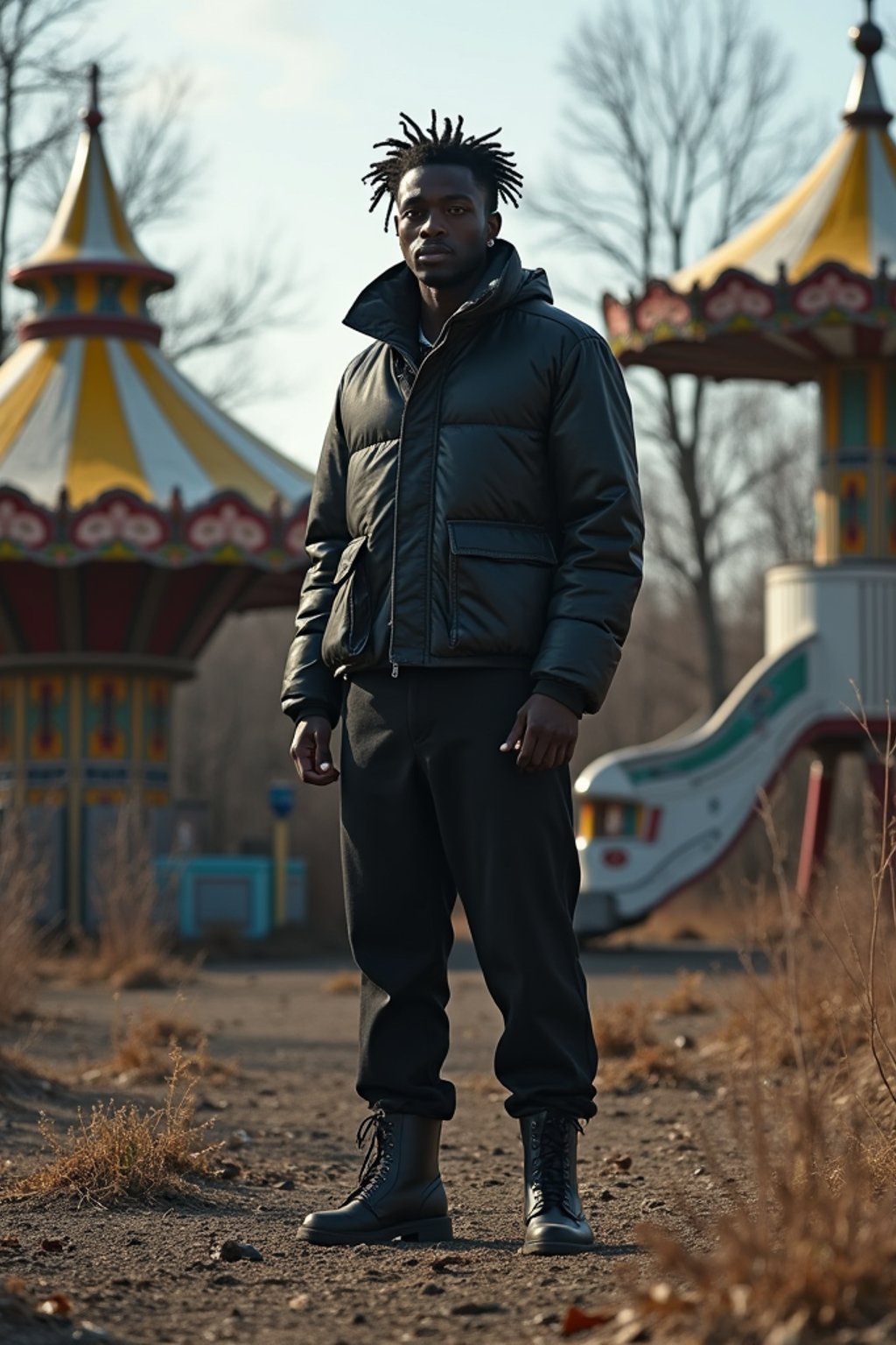 man in abandoned overgrown amusement park with amusement rides in Chernobyl. wearing black boots and black pants.