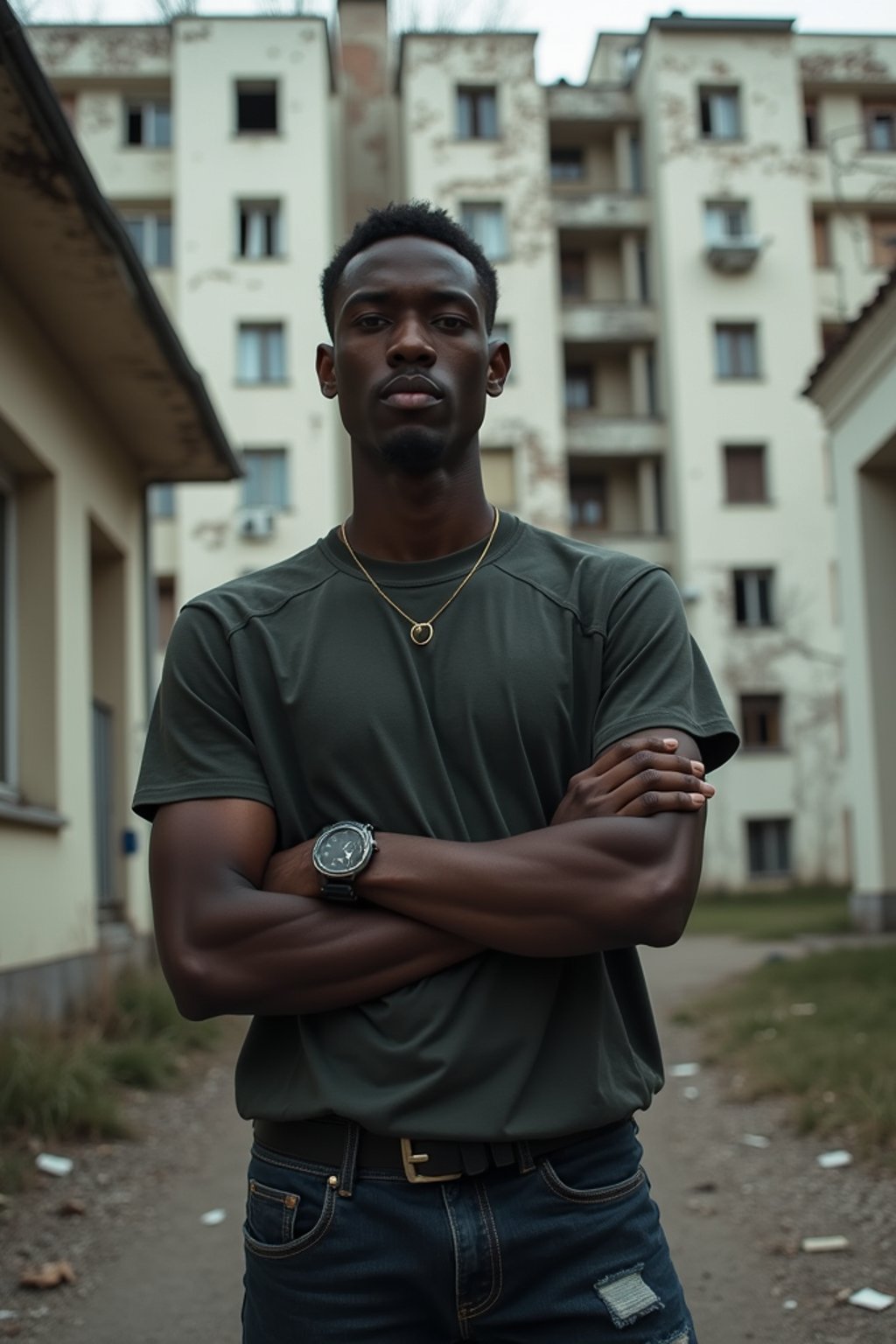 man posing in front of abandoned derelict Soviet era Russian block of 1950s flats. crumbling walls, fallen off tiles. in terrible condition. haunted atmosphere.