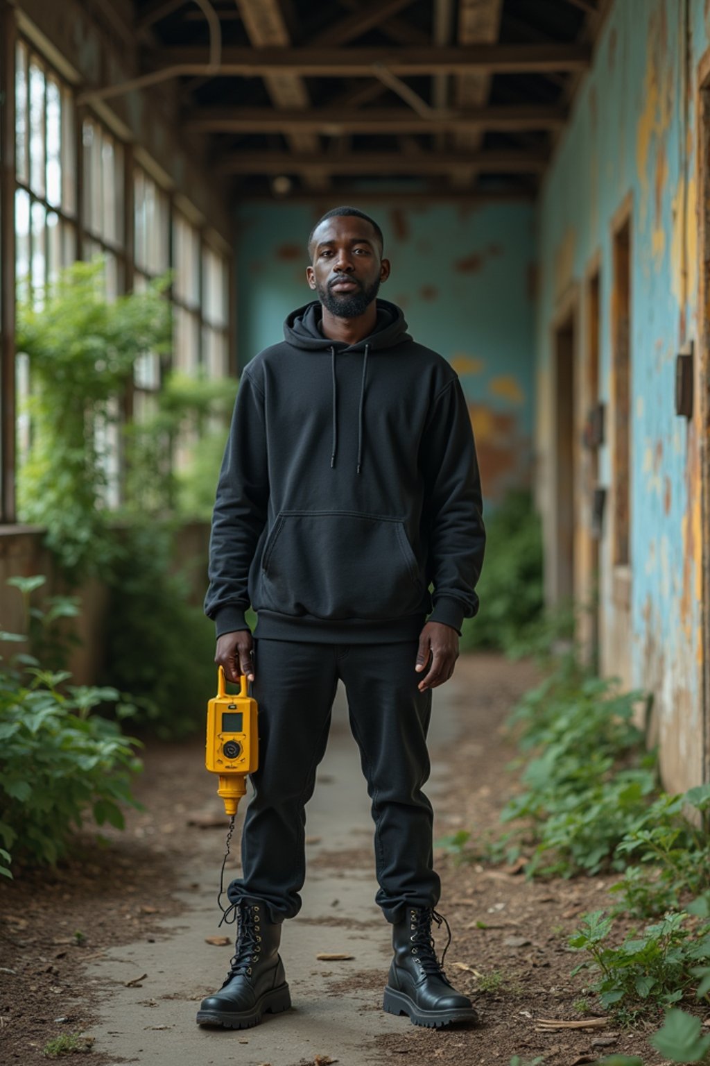 man holding a handheld small yellow geiger counter in desolate abandoned rusty building with overgrown nature. wearing black boots and black pants.