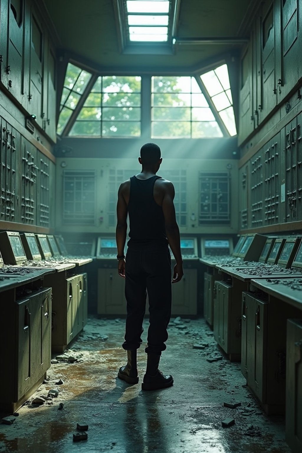 man inside the chernobyl nuclear reactor control room, standing among broken panels, shattered screens switched off. natural light from outside. wearing black boots and black pants and black tank top.