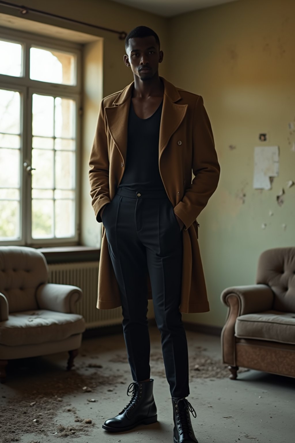 man stands in a decayed Soviet living room, worn furniture, peeling wallpaper, wearing a dusty coat, sunlight filtering through cracked windows. wearing black boots and black pants and black tank top.