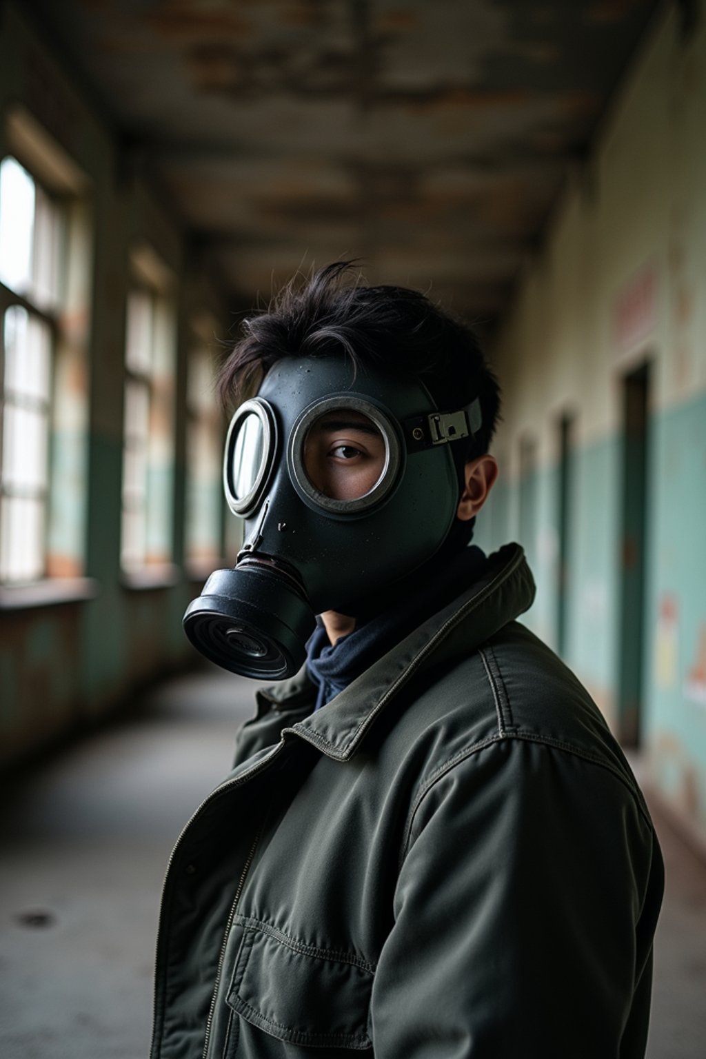 man wearing black gas mask in abandoned rusty Chernobyl.