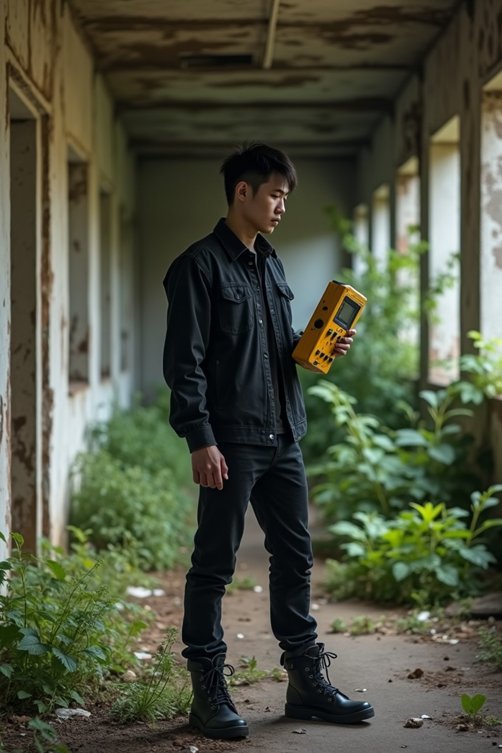 man holding a handheld small yellow geiger counter in desolate abandoned rusty building with overgrown nature. wearing black boots and black pants.