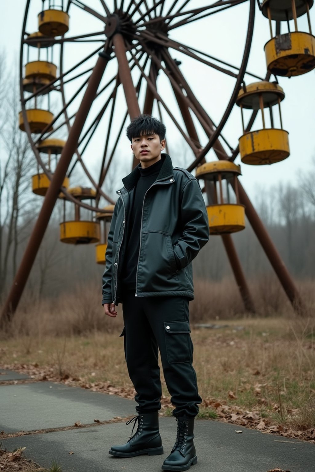 man at abandoned rusty ferris wheel with yellow carriages in Chernobyl overgrown by nature. wearing black boots and black pants. the ground is concrete.