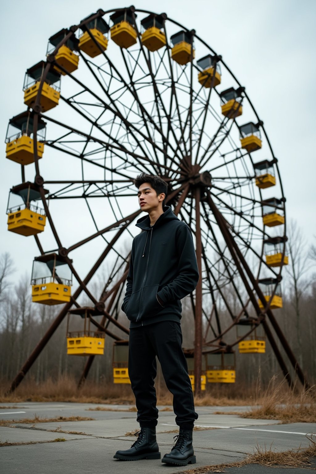 man at abandoned rusty ferris wheel with yellow carriages in Chernobyl overgrown by nature. wearing black boots and black pants. the ground is concrete.