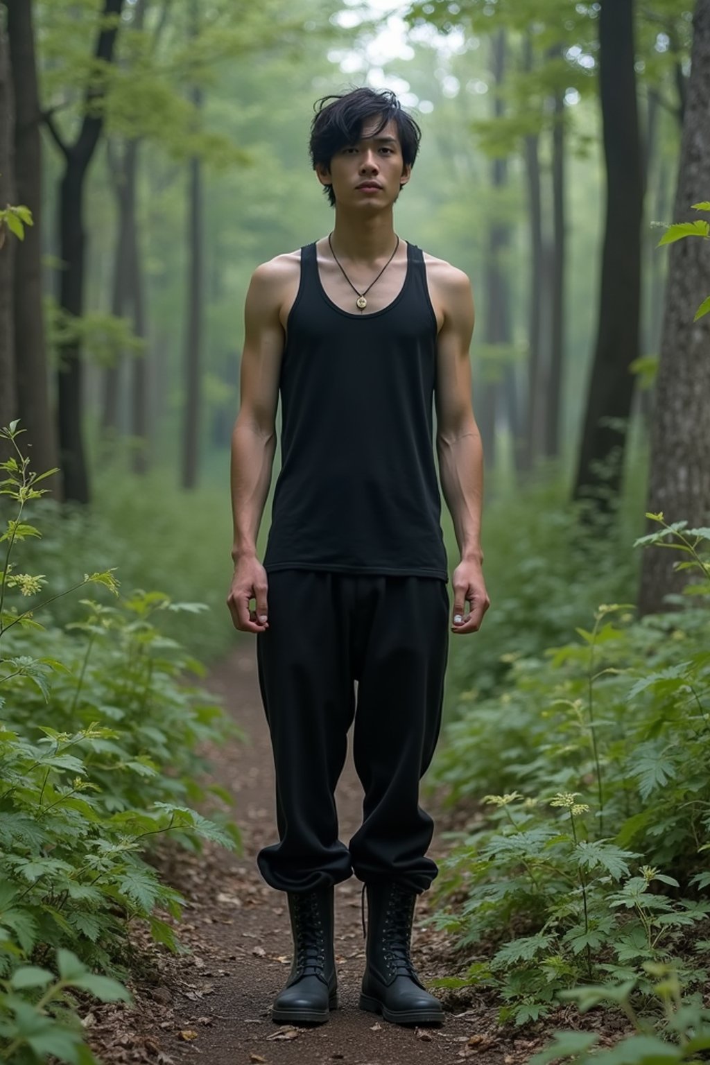 man in the overgrown Pripyat forest, trees towering over crumbling buildings and abandoned playgrounds in the background. wearing black boots and black pants and black tank top.