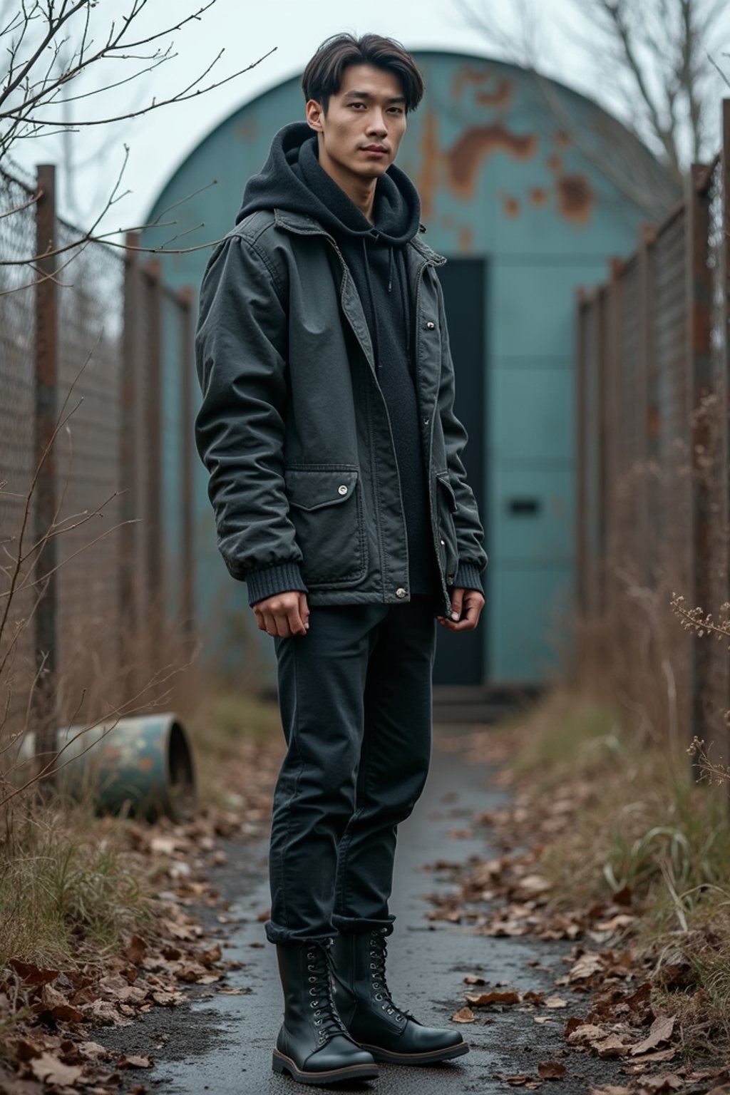 man near Chernobyl reactor sarcophagus, surrounded by rusting fences and overgrown debris. wearing black boots and black weathered jacket