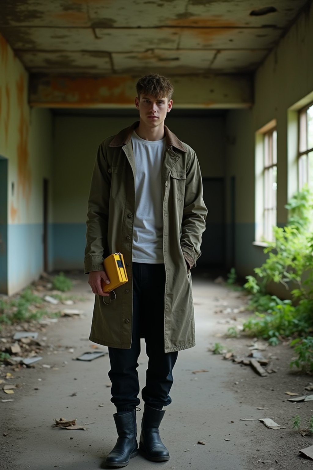 man holding a handheld small yellow geiger counter in desolate abandoned rusty building with overgrown nature. wearing black boots and black pants.