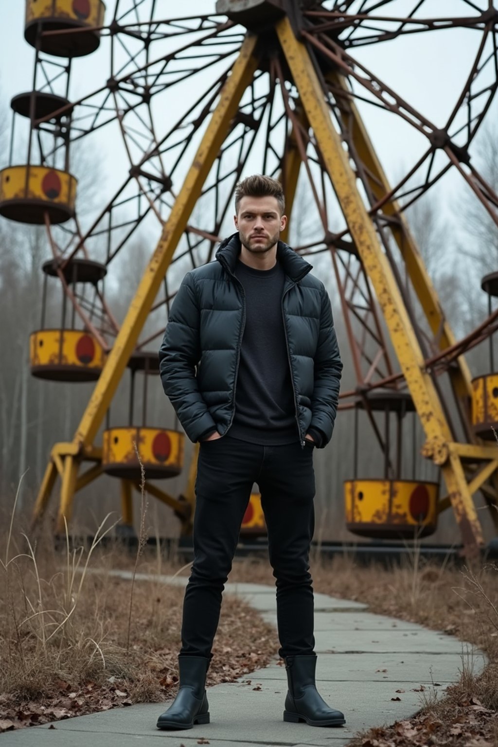 man at abandoned rusty ferris wheel with yellow carriages in Chernobyl overgrown by nature. wearing black boots and black pants. the ground is concrete.
