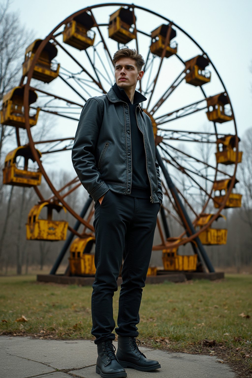 man at abandoned rusty ferris wheel with yellow carriages in Chernobyl overgrown by nature. wearing black boots and black pants. the ground is concrete.