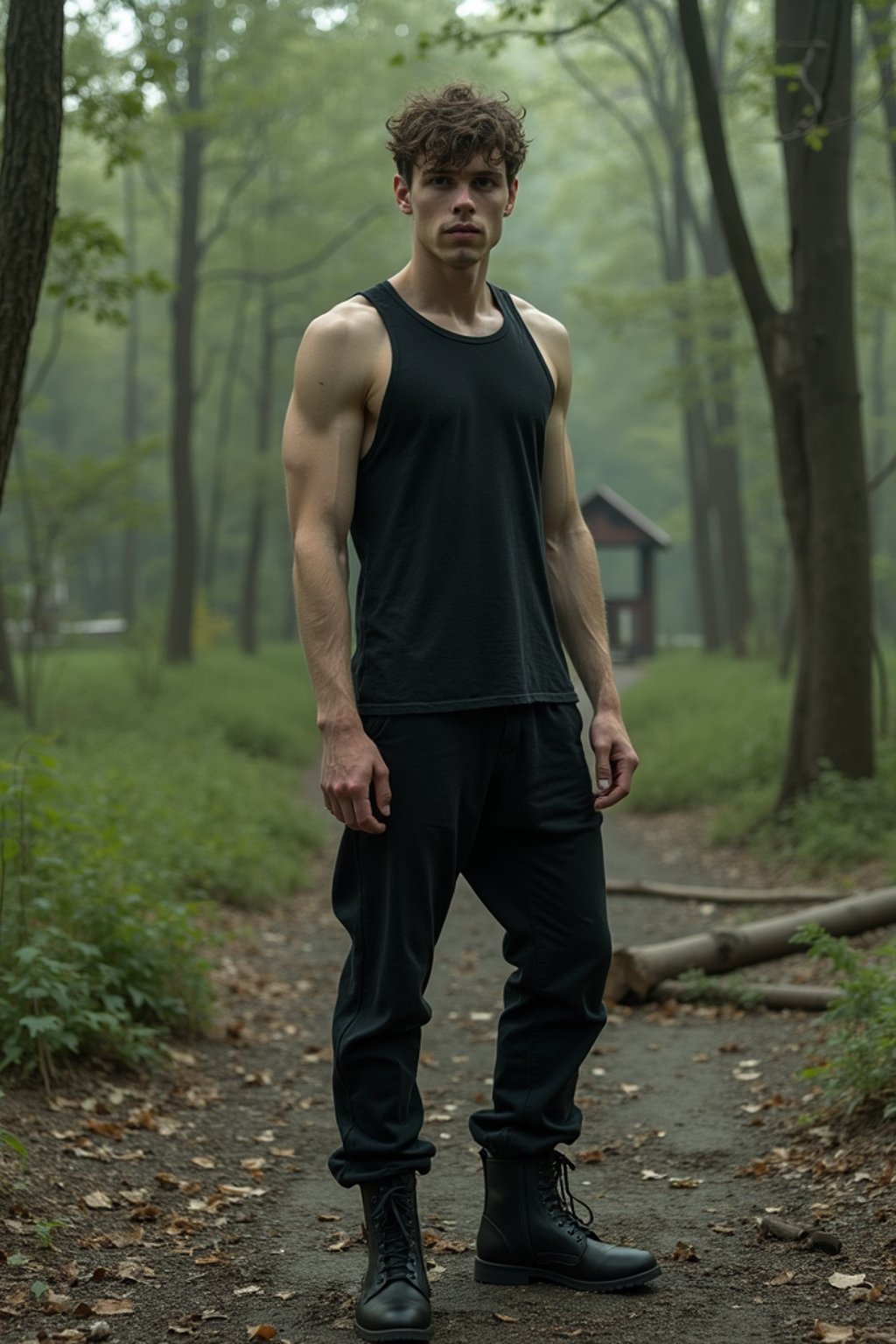 man in the overgrown Pripyat forest, trees towering over crumbling buildings and abandoned playgrounds in the background. wearing black boots and black pants and black tank top.