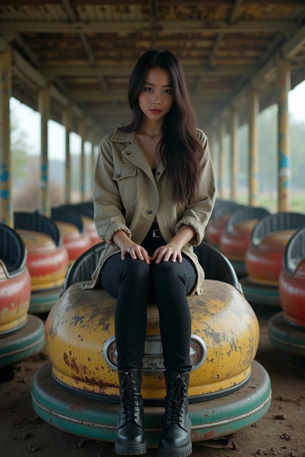 woman in front of rusty bumper cars in abandoned overgrown amusement park in Chernobyl. wearing black boots and black pants.