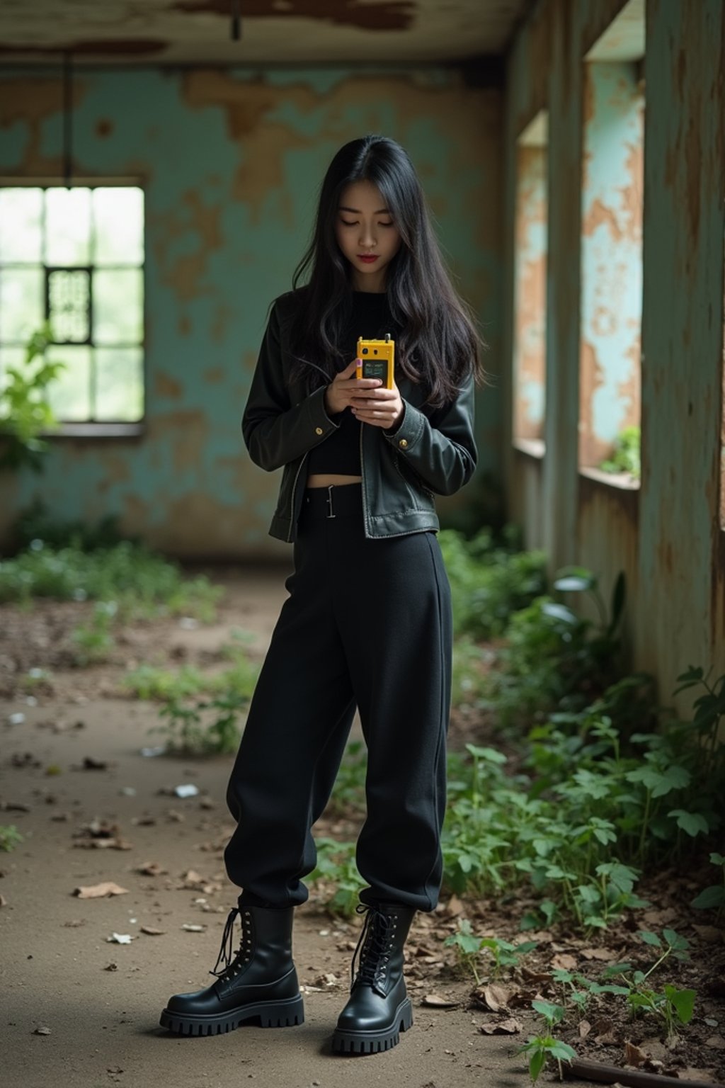 woman holding a handheld small yellow geiger counter in desolate abandoned rusty building with overgrown nature. wearing black boots and black pants.