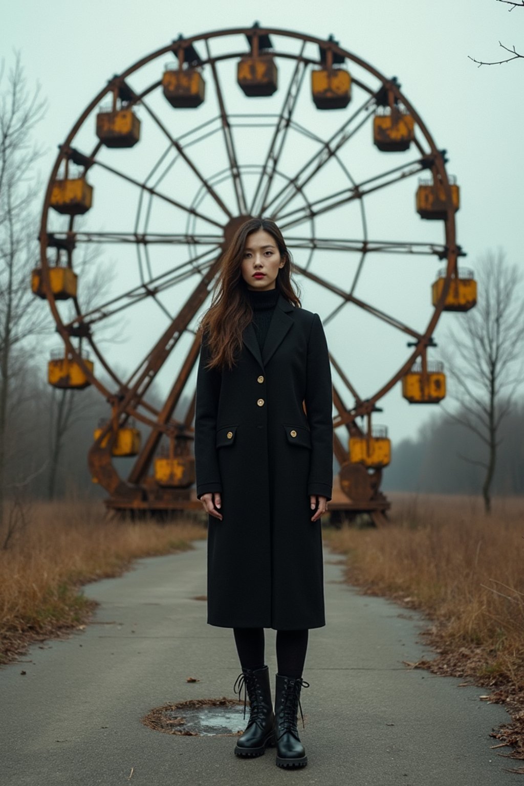 woman at abandoned rusty ferris wheel with yellow carriages in Chernobyl overgrown by nature. wearing black boots and black pants. the ground is concrete.