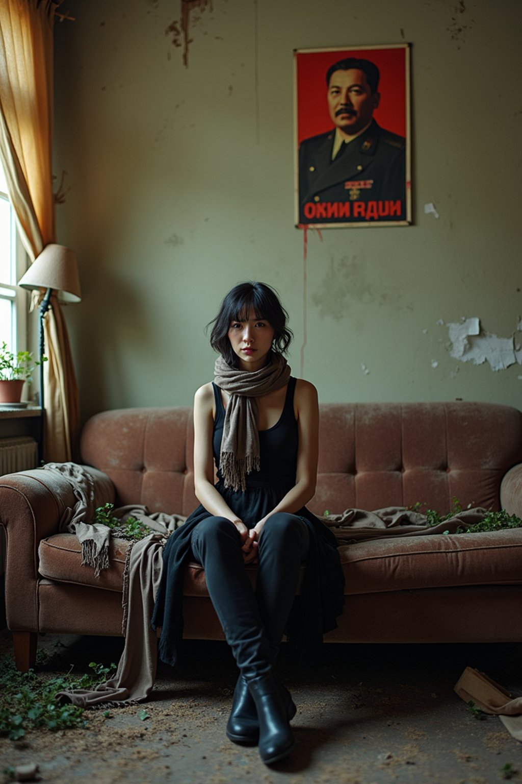 woman sits on a dilapidated couch in a soviet-era apartment, wearing a faded scarf, with broken lamps and torn curtains surrounding the scene. plants growing from outside in. peeling wallpaper. poster of Stalin on wall. wearing black boots and black pants and black tank top.