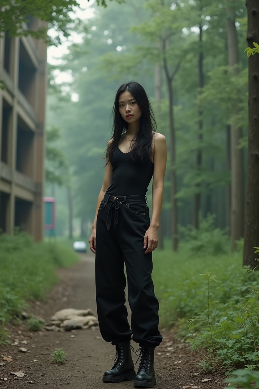woman in the overgrown Pripyat forest, trees towering over crumbling buildings and abandoned playgrounds in the background. wearing black boots and black pants and black tank top.