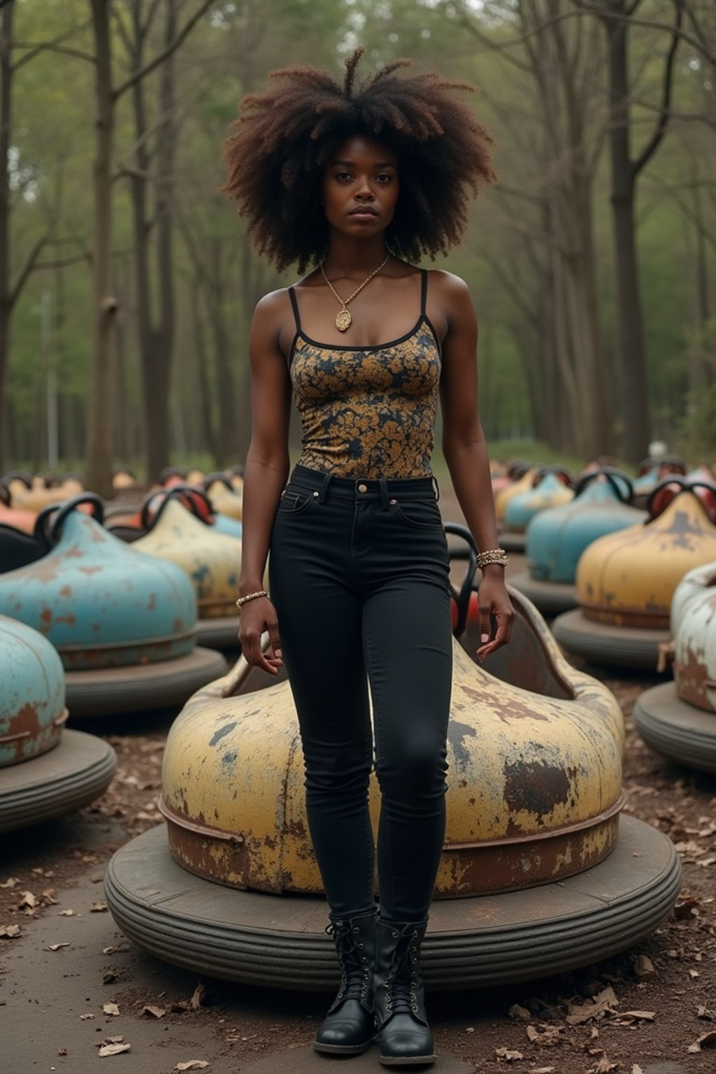woman in front of rusty bumper cars in abandoned overgrown amusement park in Chernobyl. wearing black boots and black pants.