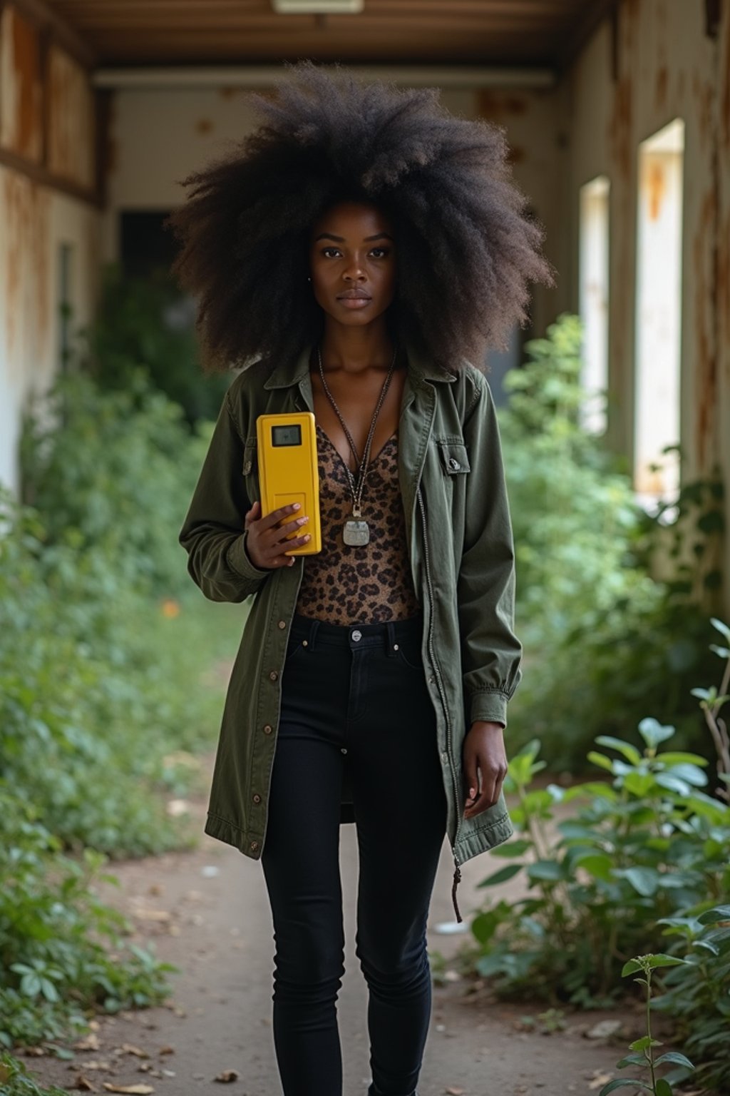 woman holding a handheld small yellow geiger counter in desolate abandoned rusty building with overgrown nature. wearing black boots and black pants.