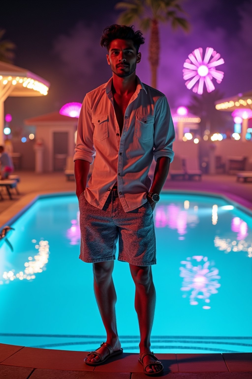 man at a pool party in Las Vegas at night with neon lights.  the man sports a trendy poolside outfit, such as swim trunks with a casual button-up shirt and stylish sandals, embodying the lively and energetic atmosphere of the event.