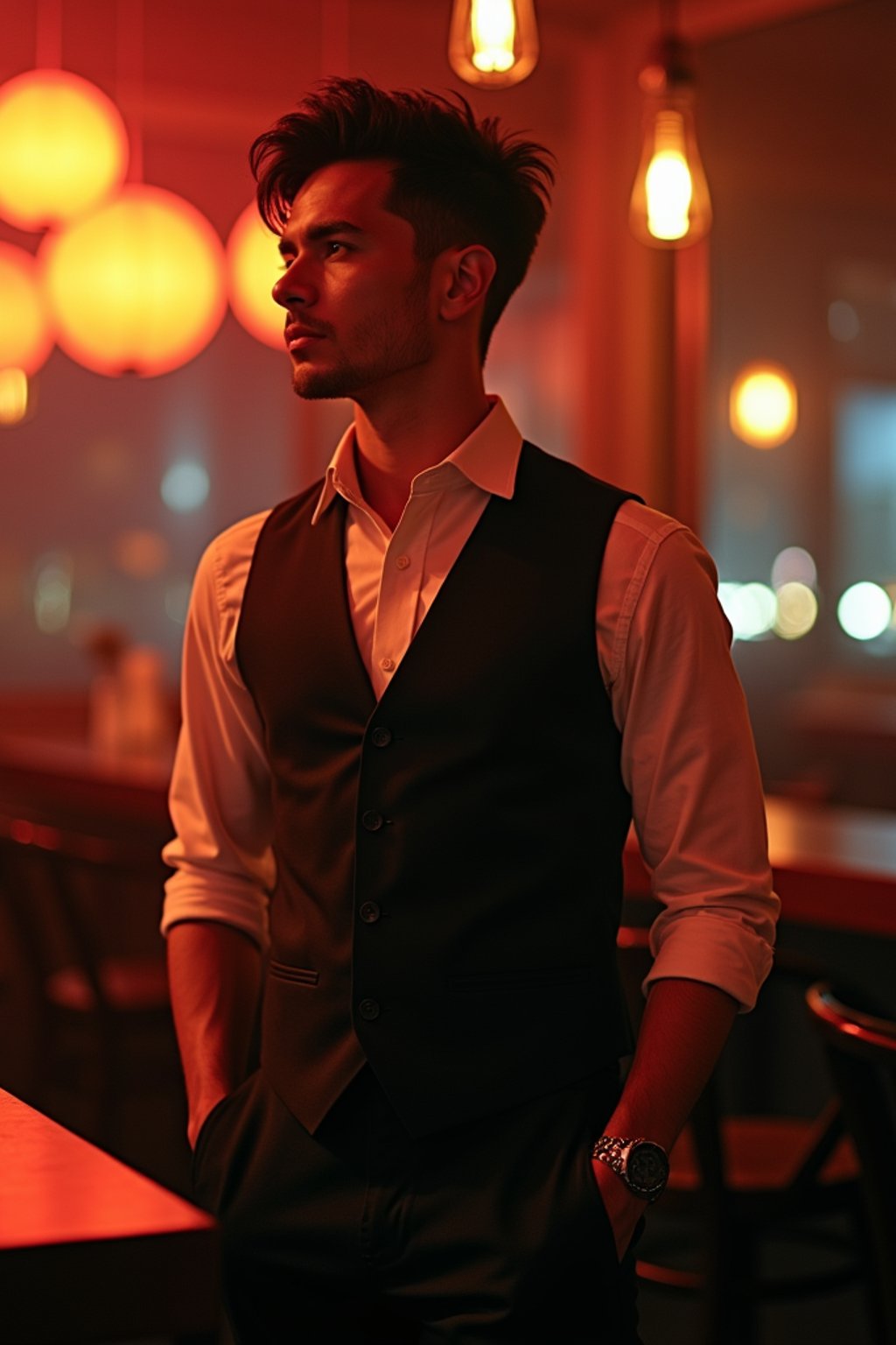 man in a stylish lounge bar with a glamorous ambiance. at night.  the man is dressed in a chic ensemble, like a dress shirt with a vest and trousers, enjoying the upscale setting.