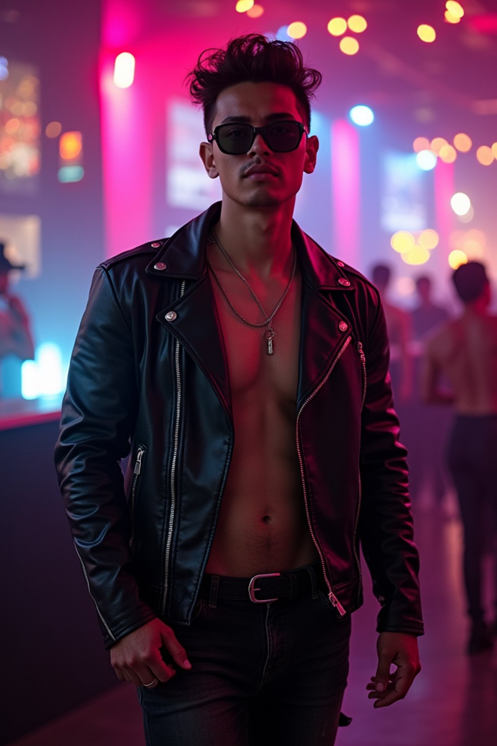 man at a trendy nightclub in Las Vegas. at night.  the man wears a stylish and edgy outfit, such as a leather jacket and dark jeans, capturing the high-energy nightlife.