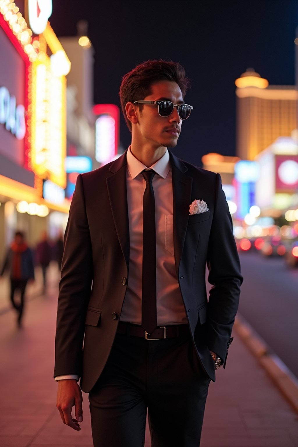 man strolling along the Las Vegas Strip at night. at night.  the man sports a trendy ensemble, like a stylish blazer and tailored pants, with flashy accessories.