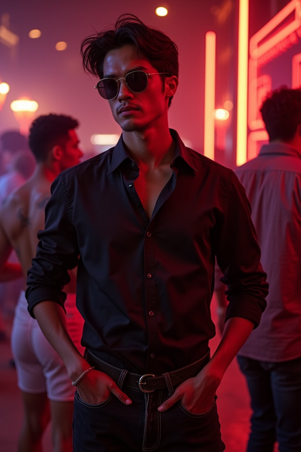 man at an exotic dancer strip club in Las Vegas. at night.  the man wears a bold and stylish outfit, like a fitted button-up shirt and dark jeans, with a confident stance.