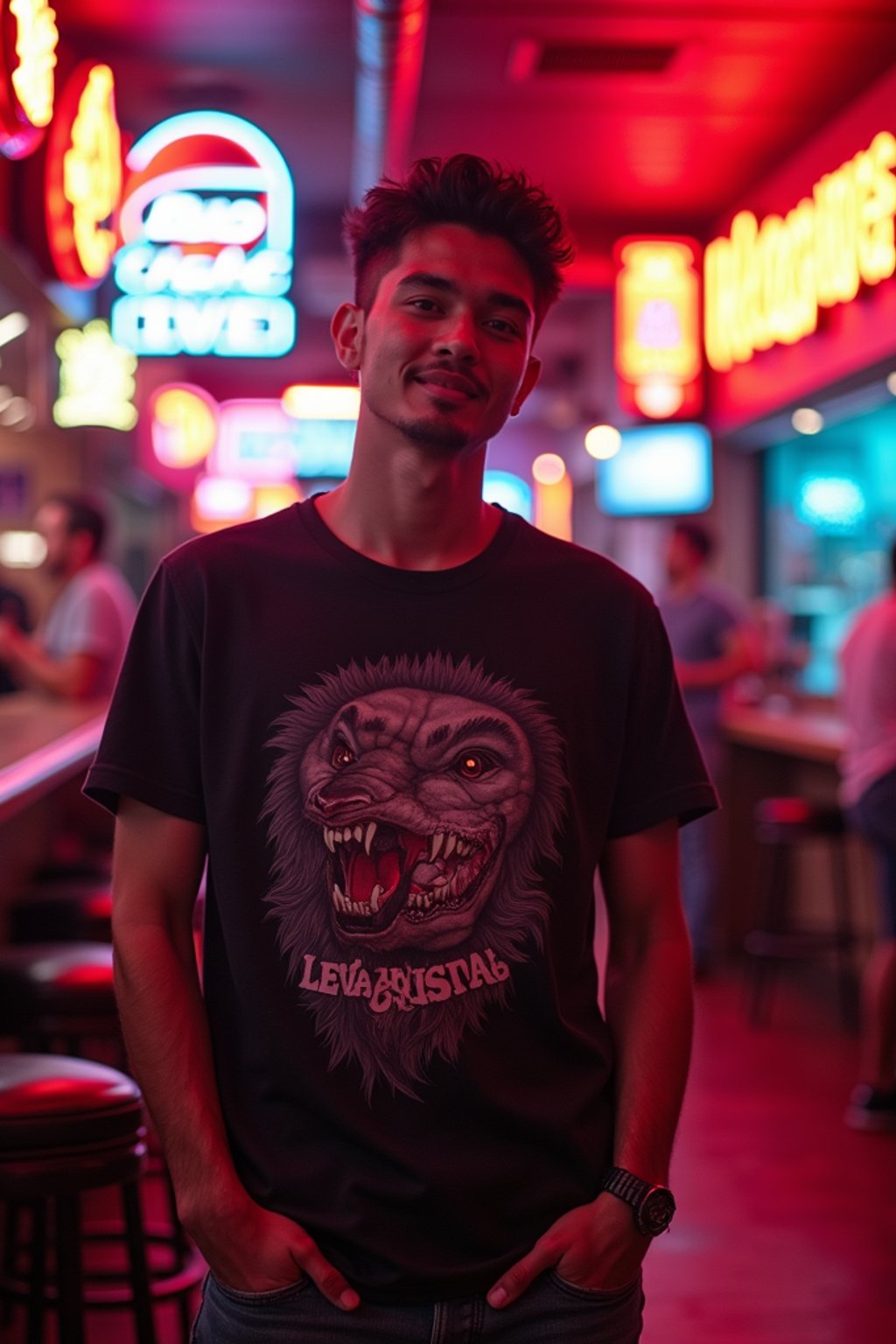 man exploring a lively dive bar in Las Vegas. at night. neon sign says "BUD LIGHT".  the man wears a relaxed but fashionable outfit, like a graphic tee and chinos, with a playful and relaxed vibe.