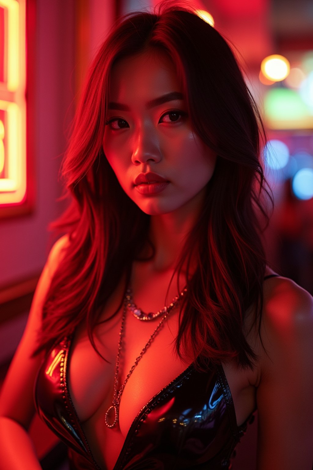 woman at a trendy nightclub in Las Vegas. at night. the woman sports a bold and fashionable club outfit, like a metallic dress or sleek jumpsuit.