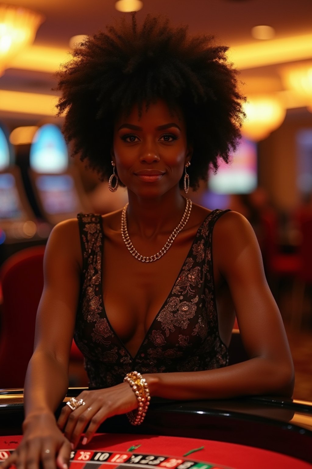 woman in a casino at the Roulette table. at night. the woman is dressed in a chic and polished outfit, such as an elegant gown or tailored dress.