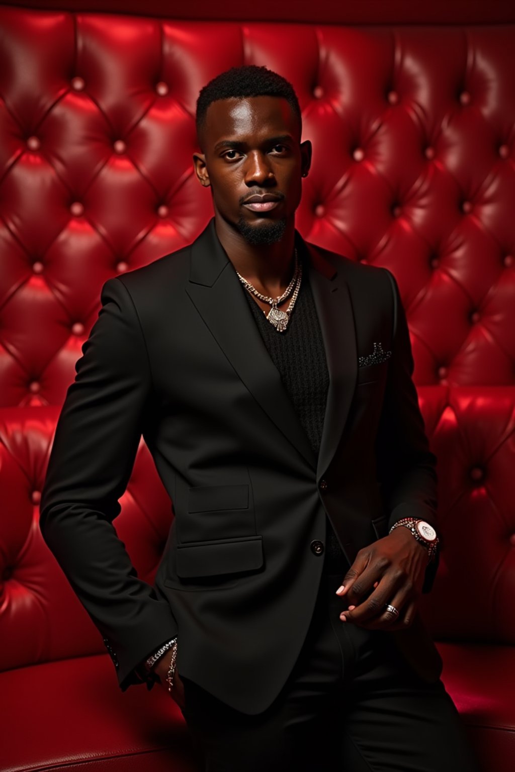 man in the spacious luxurious VIP section of a nightclub with red tufted leather couches. at night.  the man wears a sharp suit or stylish blazer with dress pants, reflecting a high-class and fashionable appearance in the exclusive environment.