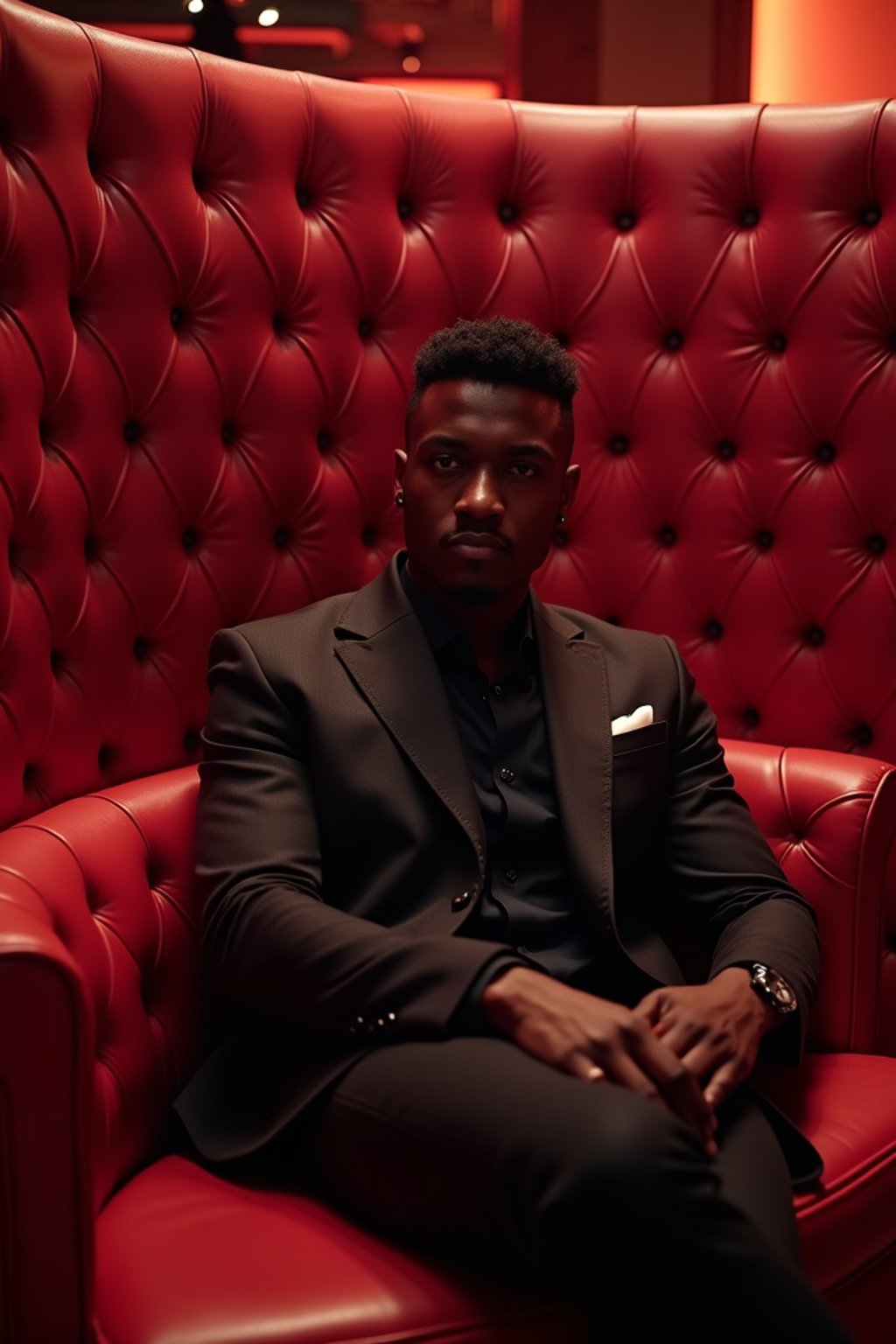 man in the spacious luxurious VIP section of a nightclub with red tufted leather couches. at night.  the man wears a sharp suit or stylish blazer with dress pants, reflecting a high-class and fashionable appearance in the exclusive environment.