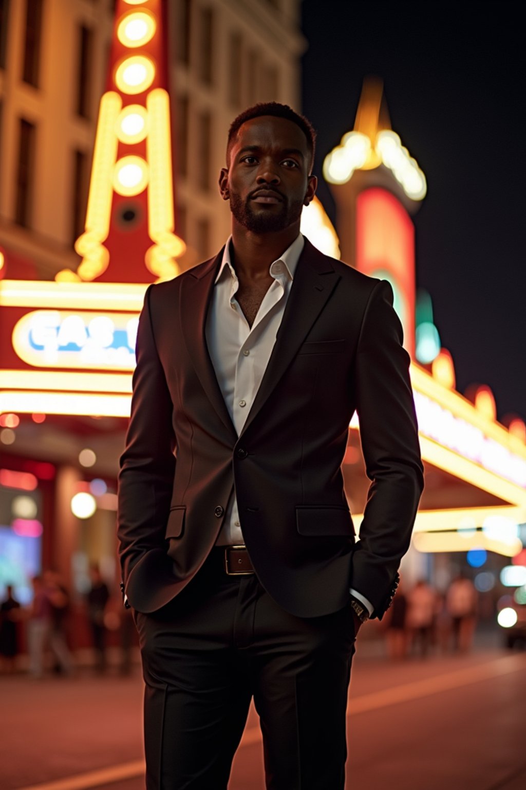 man in front of a famous Las Vegas show venue. at night.  the man wears a sharp outfit, such as a fitted blazer and dress pants, highlighting the entertainment and excitement of the Las Vegas experience.