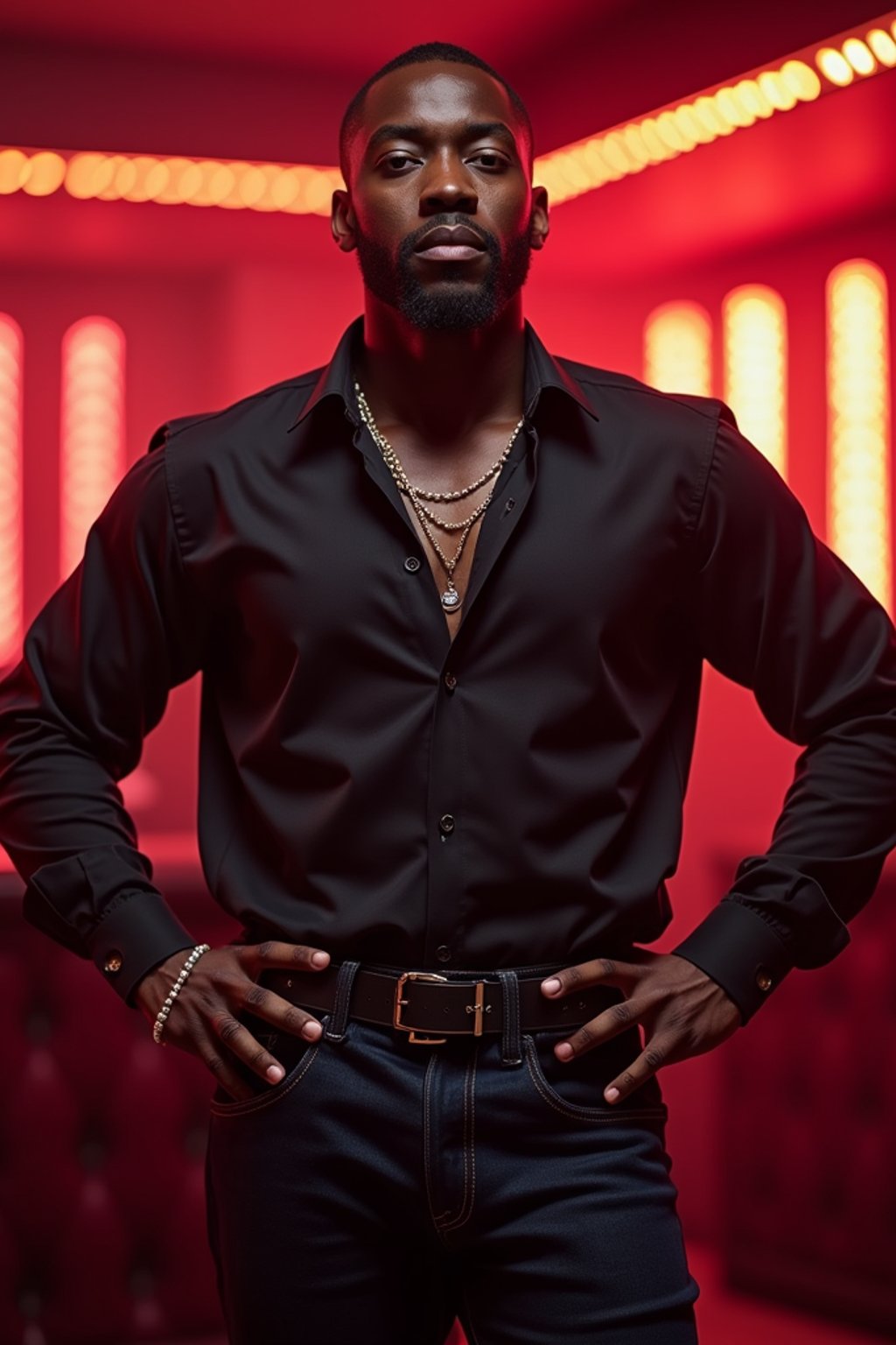man at an exotic dancer strip club in Las Vegas. at night.  the man wears a bold and stylish outfit, like a fitted button-up shirt and dark jeans, with a confident stance.