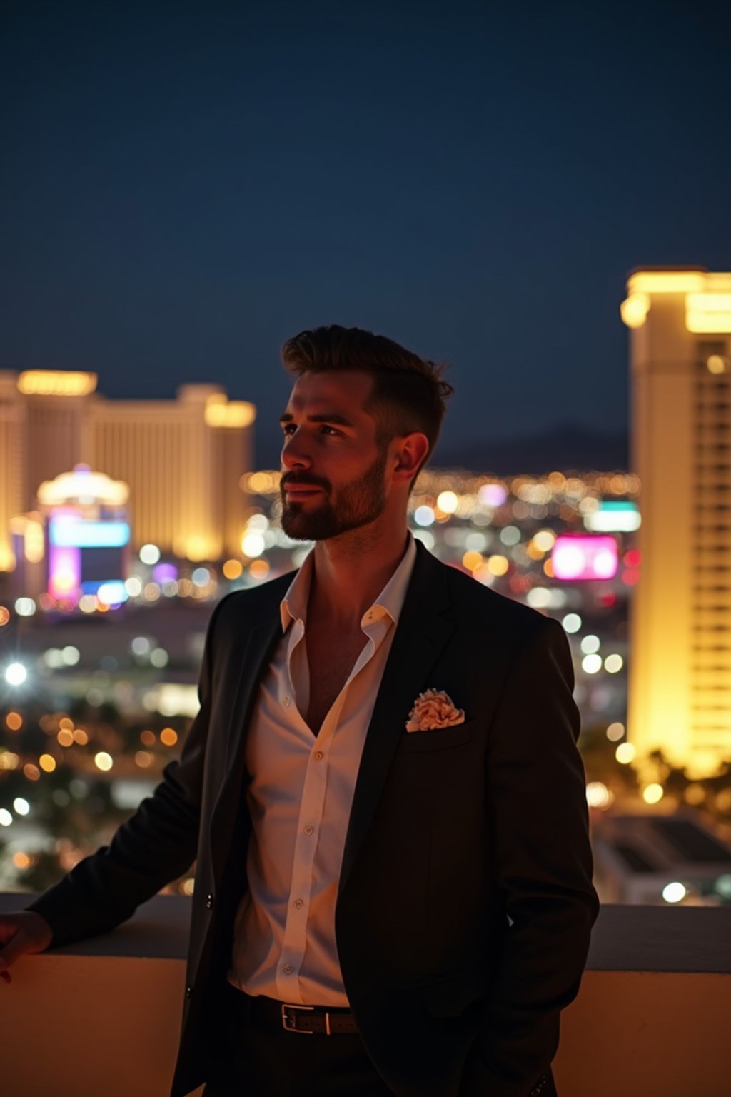 man enjoying a night out at a rooftop bar with views of the Las Vegas skyline. at night.  the man is dressed in a sophisticated outfit, such as a tailored blazer and trousers, adding a touch of elegance to the scene.