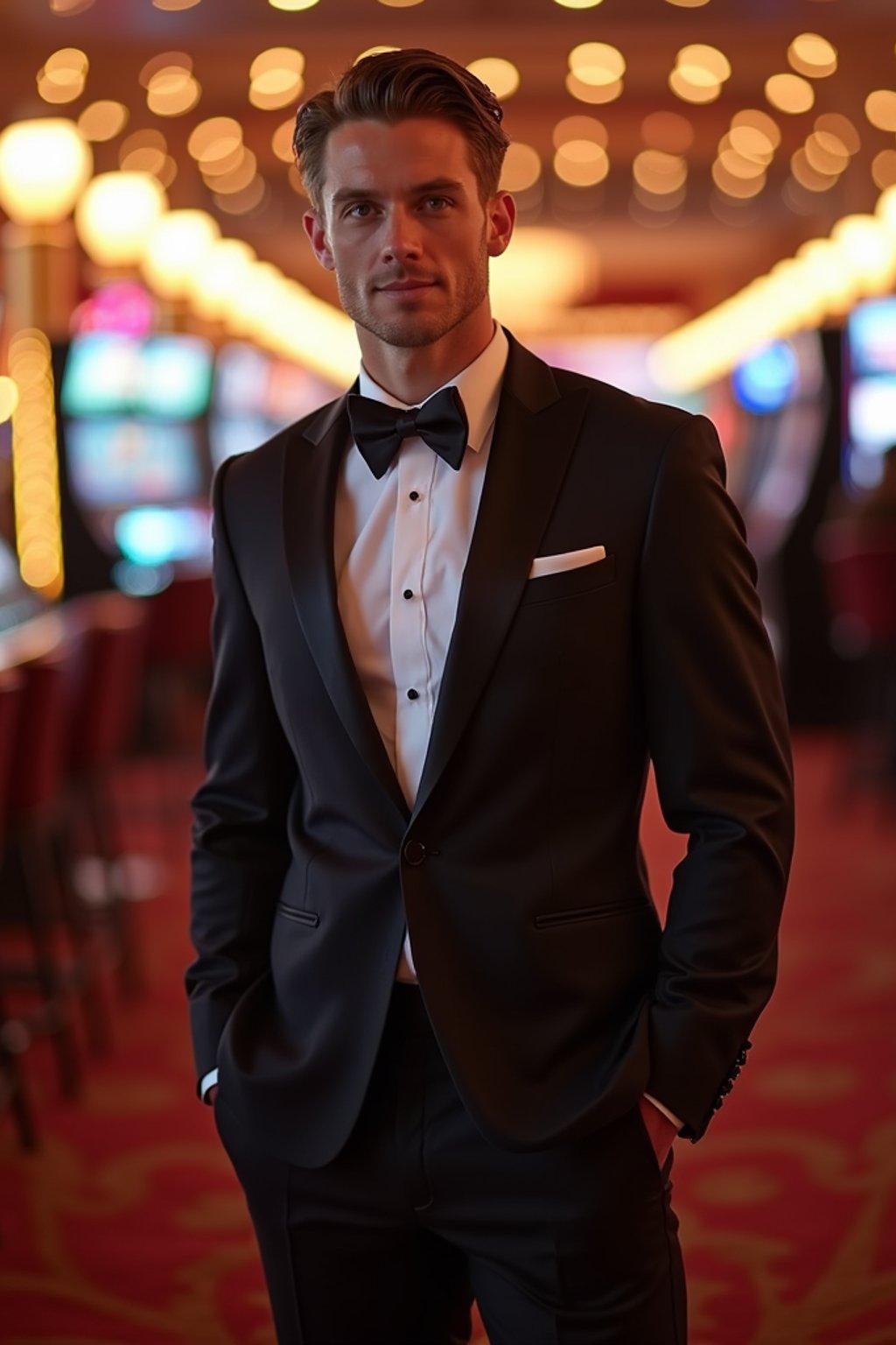 man in a glamorous casino on the Las Vegas Strip. at night.  the man wears a sleek tuxedo with polished dress shoes, reflecting a luxurious and sophisticated look.