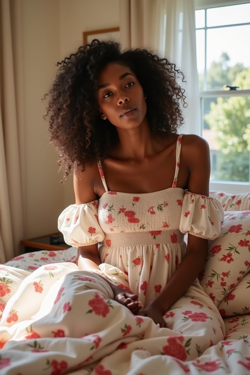 woman in a sunlit bedroom, making the bed with floral bedding, wearing a foral off-the-shoulder smocked strawberry dress, hair in soft waves, sun shining through the window