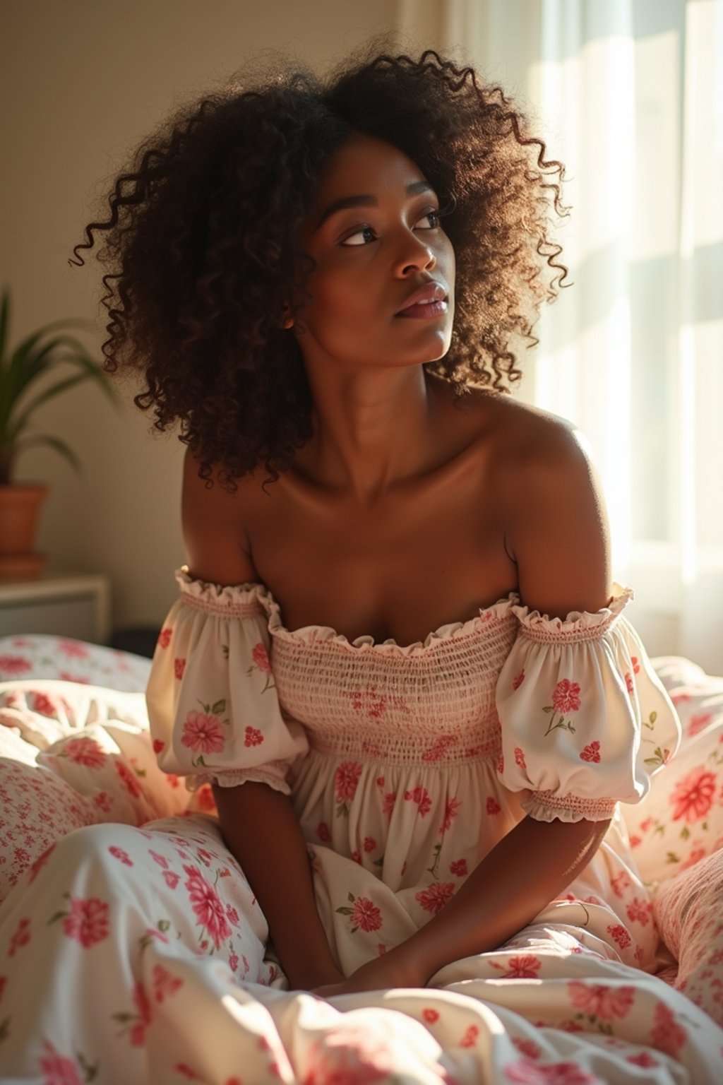 woman in a sunlit bedroom, making the bed with floral bedding, wearing a foral off-the-shoulder smocked strawberry dress, hair in soft waves, sun shining through the window