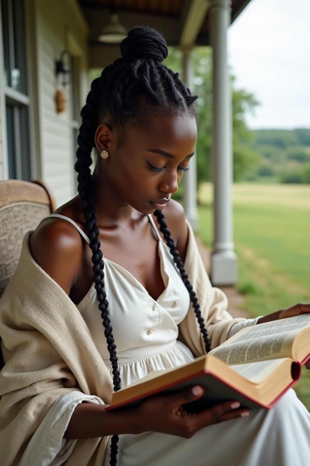 woman reading a classic novel on a porch with countryside views, wearing a simple linen dress, with a shawl wrapped around her shoulders, hair in braids