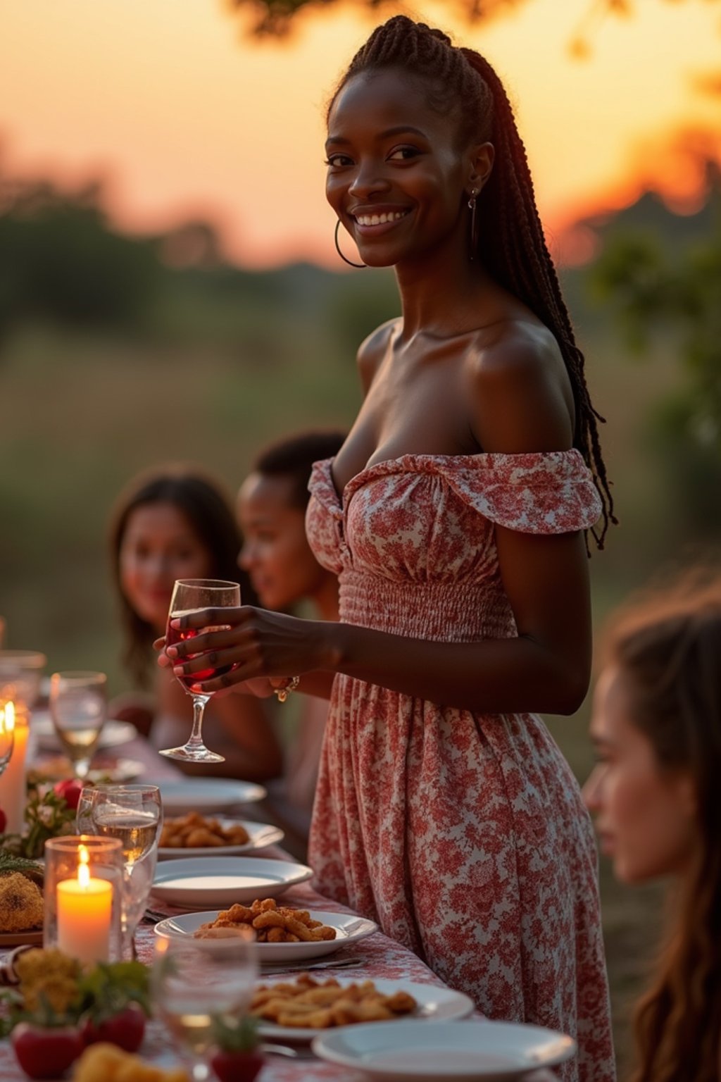 woman hosting a traditional family dinner outside at sunset, wearing a floral off-the-shoulder smocked dress with a sweetheart neckline and a thigh-high slit
