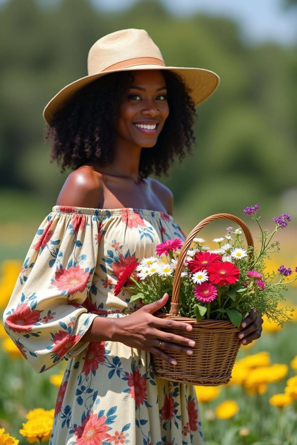woman tending to a garden in the countryside during the day, wearing a long-sleeved floral off-the-shoulder dress, a sunhat, and holding a basket of freshly picked flowers