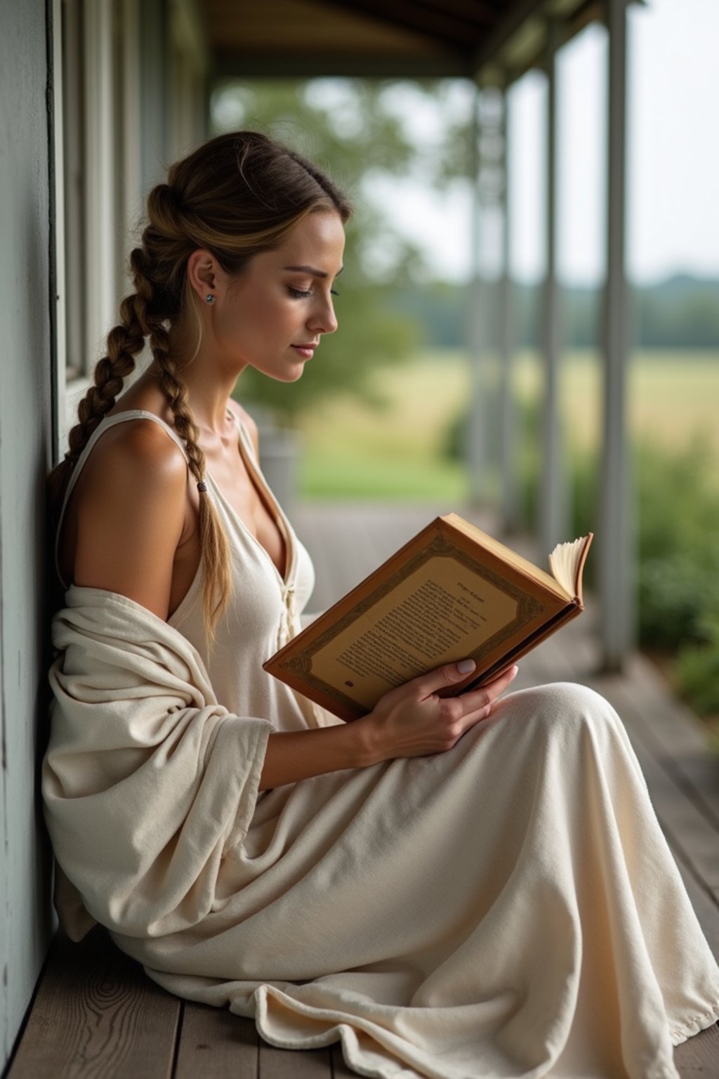 woman reading a classic novel on a porch with countryside views, wearing a simple linen dress, with a shawl wrapped around her shoulders, hair in braids