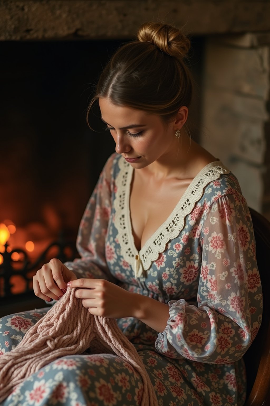 woman sewing or knitting by the fireplace in a rustic living room, wearing a floral print dress with a lace collar, hair in a neat bun, with soft lighting around