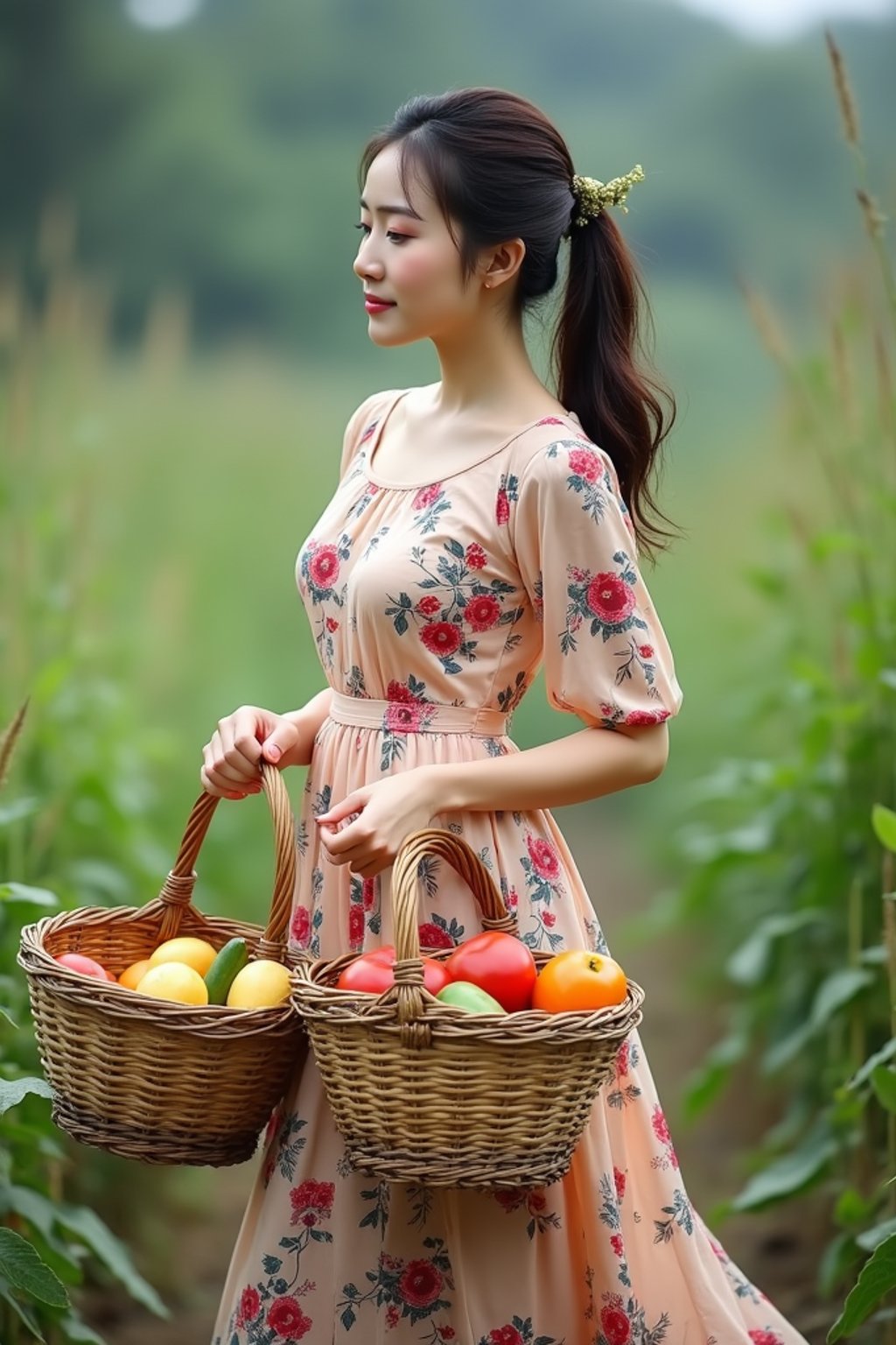 woman picking fruits and vegetables on the home farm with wicker baskets, wearing a long, flowing dress with floral patterns, carrying fresh produce