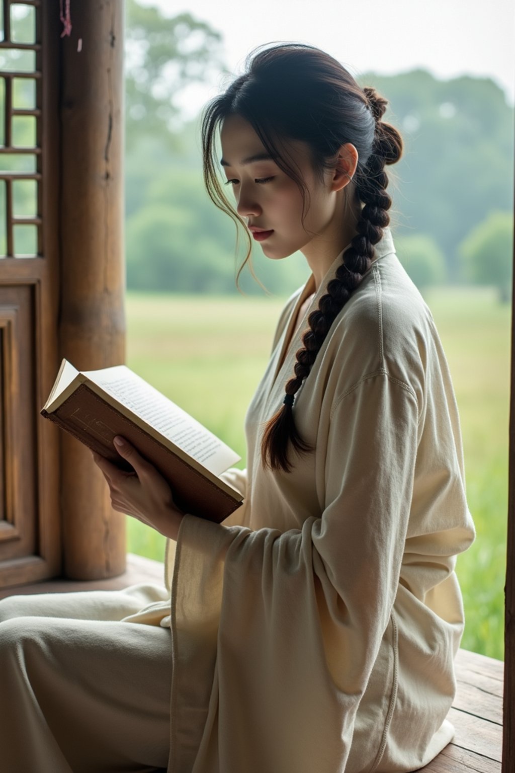 woman reading a classic novel on a porch with countryside views, wearing a simple linen dress, with a shawl wrapped around her shoulders, hair in braids