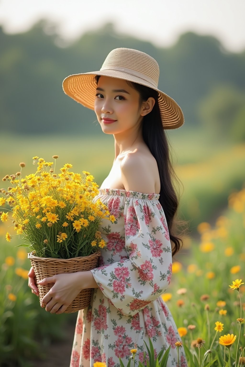 woman tending to a garden in the countryside during the day, wearing a long-sleeved floral off-the-shoulder dress, a sunhat, and holding a basket of freshly picked flowers