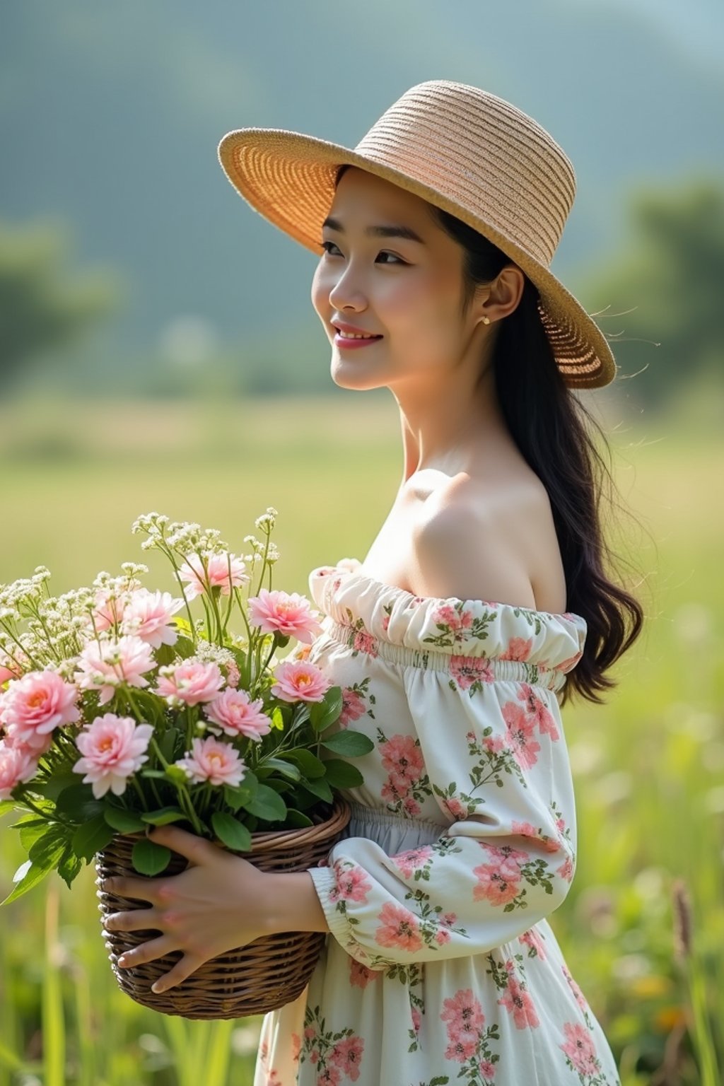 woman tending to a garden in the countryside during the day, wearing a long-sleeved floral off-the-shoulder dress, a sunhat, and holding a basket of freshly picked flowers