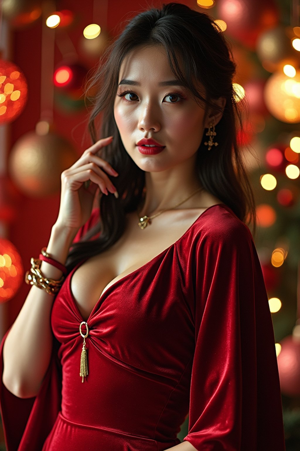 woman wearing (naughty Christmas) (sexy Christmas costume) (velvet dress) (Christmas outfit), festive outfit posing for photo, background is Christmas decorations and lights