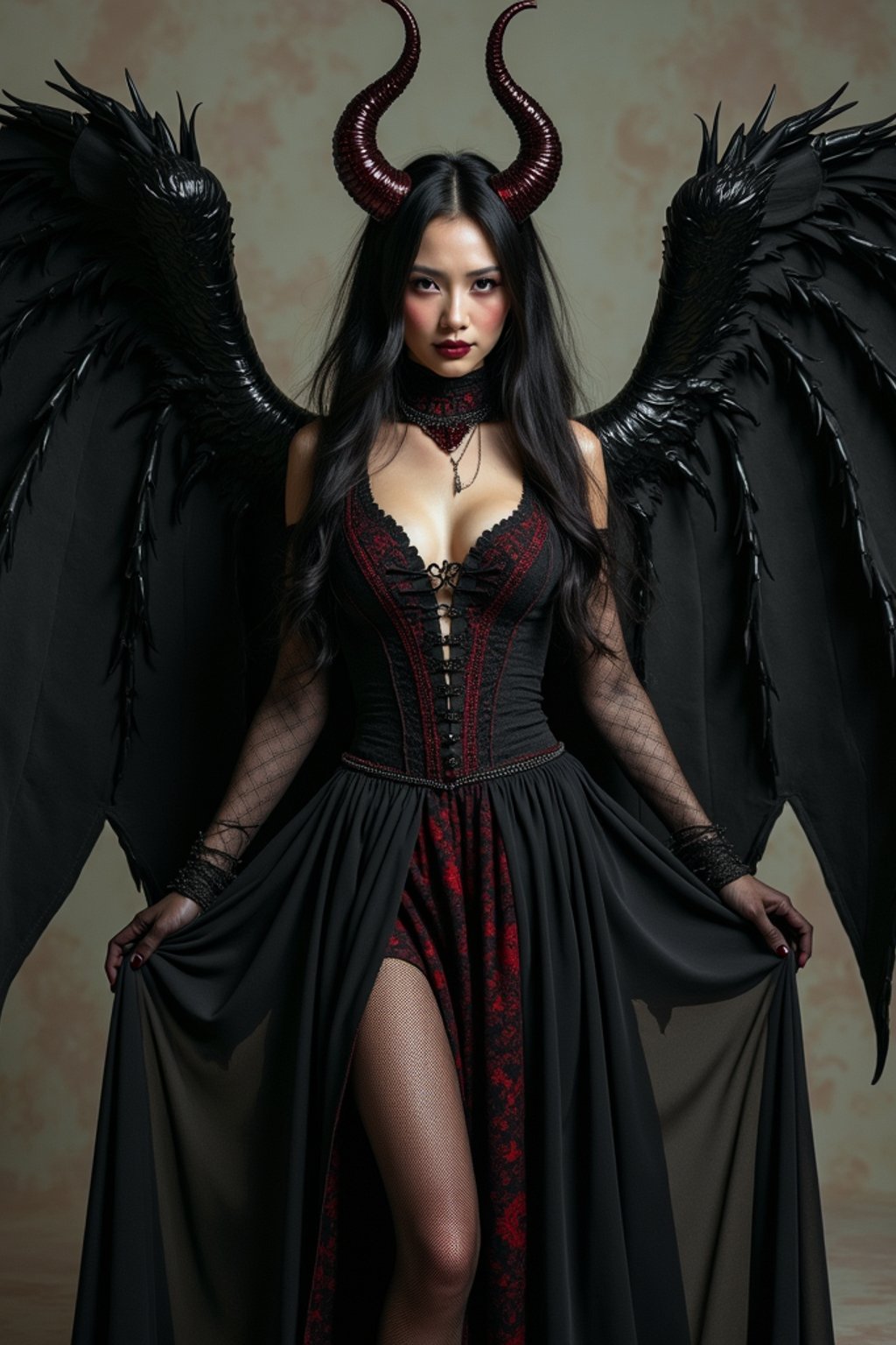 a woman dressed as an angel poses for a picture, dark angel, angel knight gothic girl, dark gothic dress, very sexy devil outfit, full body devil woman, gothic woman dressed in black and red, megan fox witch queen, raven winged female vampire, villainess has black angel wings, gothic outfit, tall female angel, gothic dress, fallen angel, winged woman angel, fishnet stockings